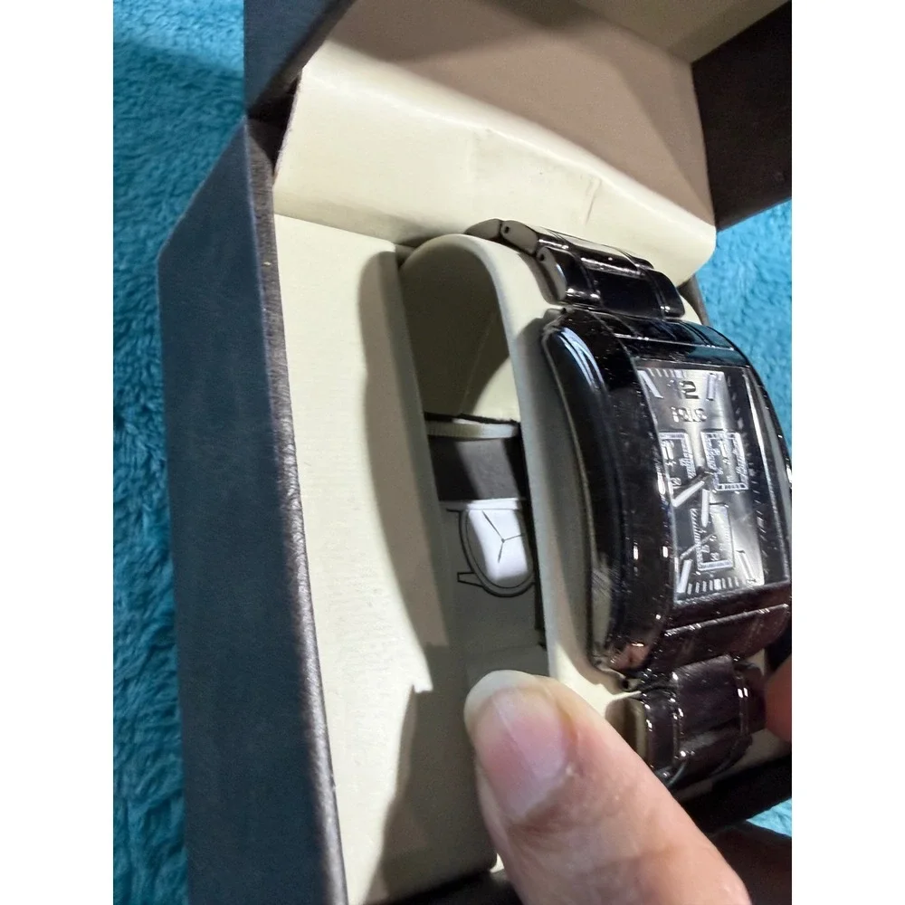 Folio Mens Black Rectangular Dial‎ Watch Textured Metal Link Bracelet with Box